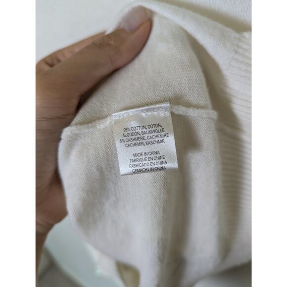 Minnie Rose Cashmere Blend Pickleball Frayed Edge White Sweater Shirt Women Sz L - Picture 10 of 10